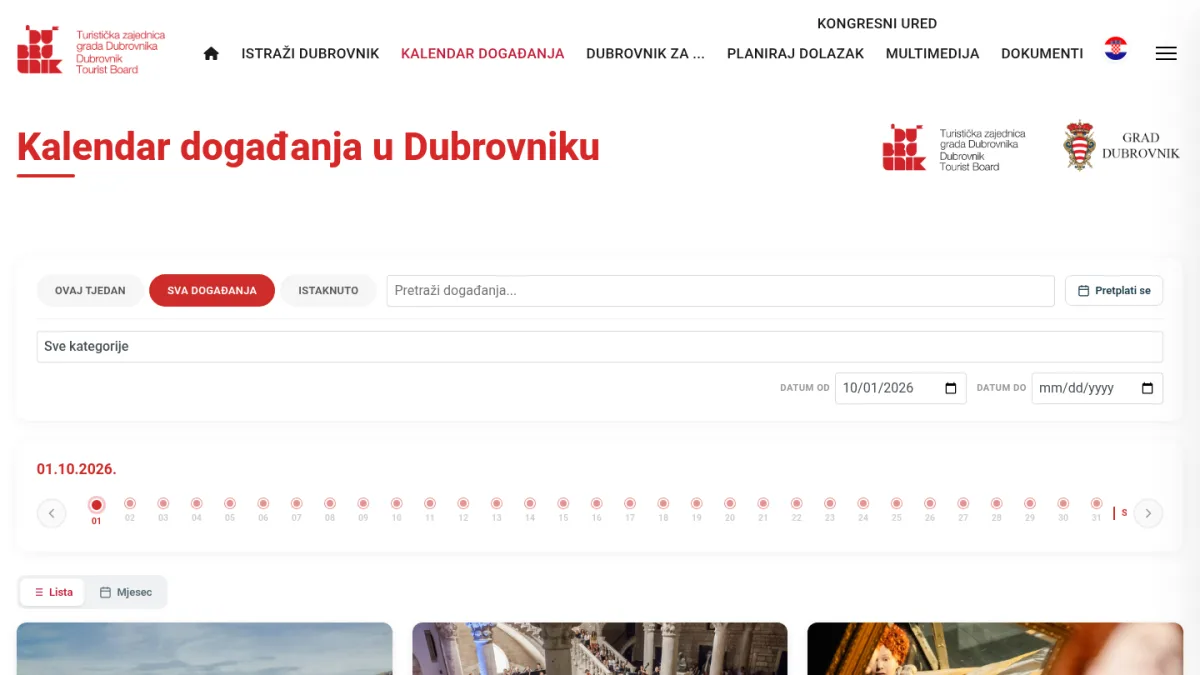 Kalendar događanja u Dubrovniku s filtrima, vremenskom crtom i karticama događaja