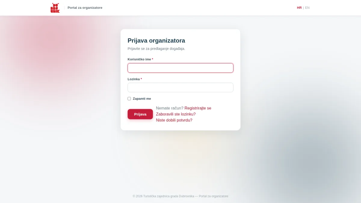 Prijava u portal za organizatore događanja