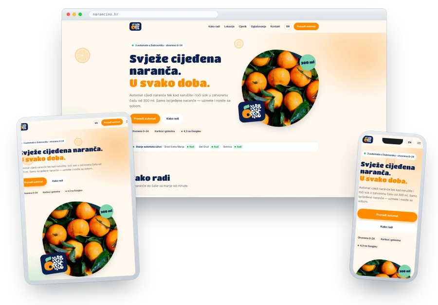Izrada web stranice za automate svježe cijeđenog soka od naranče — Narančino, Dubrovnik